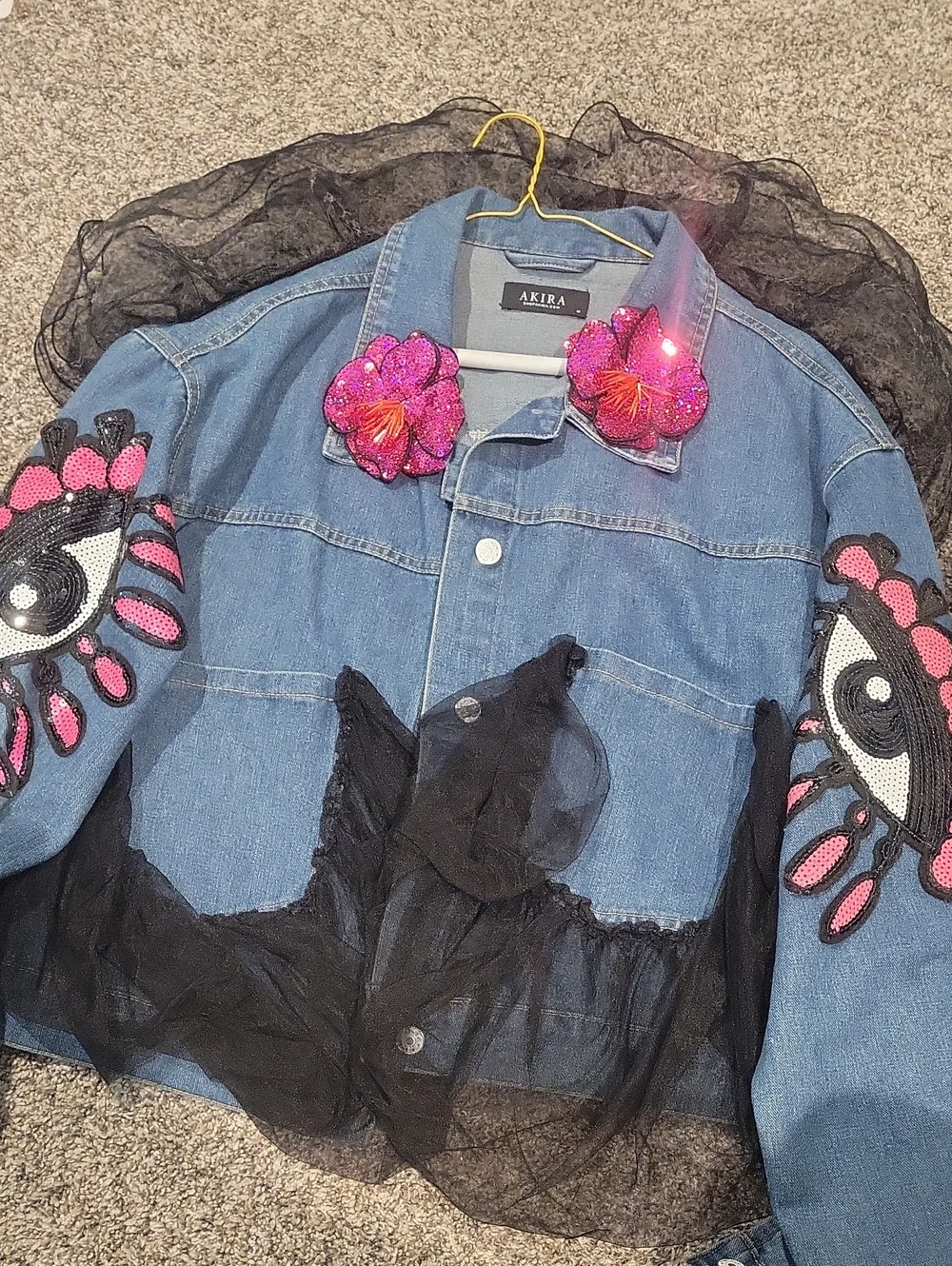 AKIRA Blue Denim Jacket with Pink Sequin Floral Appliqués and Black Tulle